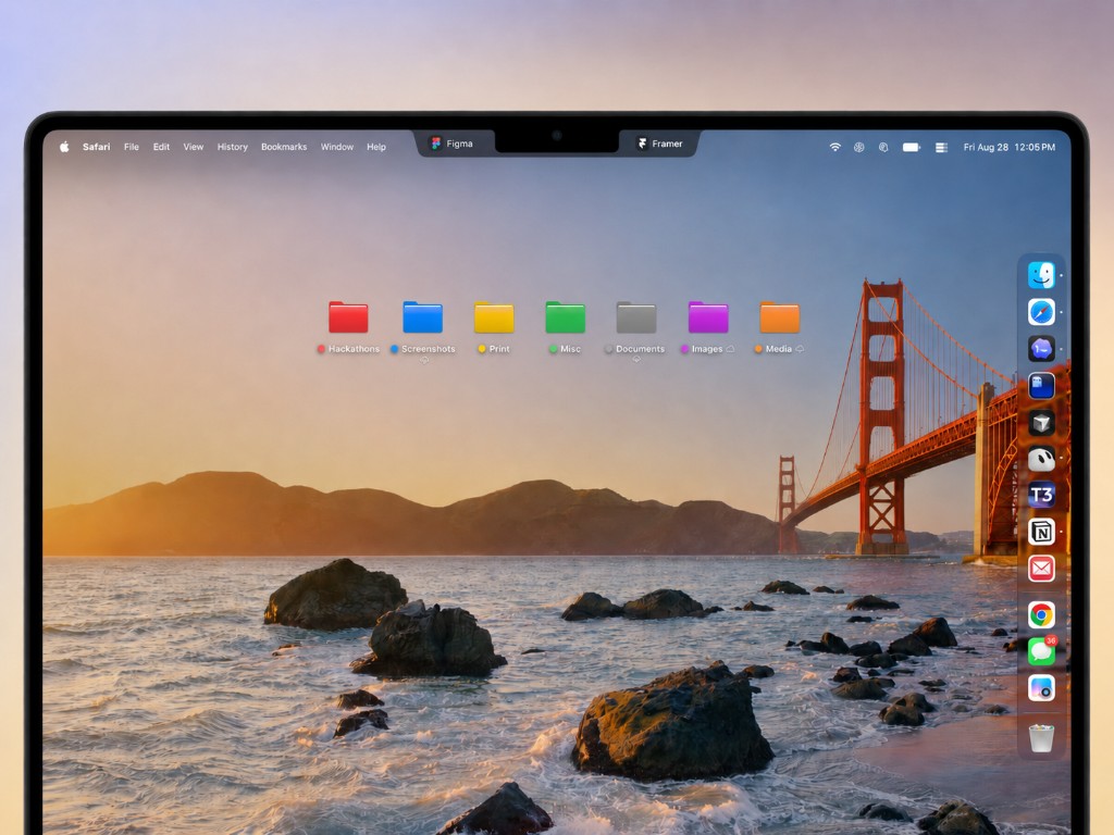 MacBook camera bar with two logo pills: Figma left of the notch, Framer right. The ads stay in the bar.